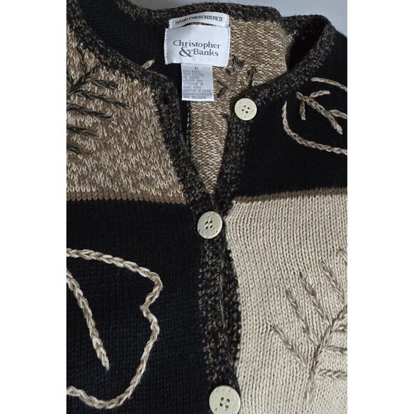 Vintage Christopher & Banks Leaf Pattern Cardigan Sweater Black & Tan Hand Embro - Picture 6 of 9